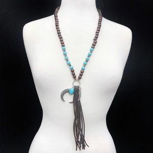 🔴 CLEARANCE Wood & Turquoise Squash Blossom Tassel Long Necklace
